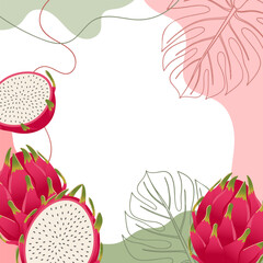 Dragon fruit fruits background. Composition of pitaya fruits with organic shapes and leaves. Tropical fruit background.