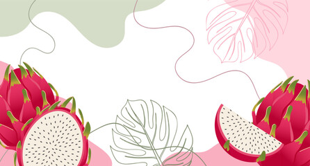 Dragon fruit fruits background. Composition of pitaya fruits with organic shapes and leaves. Tropical fruit background.