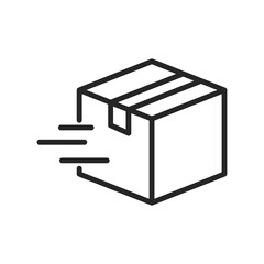 Clean vector line icon of a shipping box in motion, ideal for illustrating delivery services, logistics systems, and e-commerce fulfillment