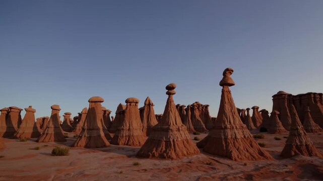 Hoodoo Rock Formations Stretch Across a Desert Landscape at Sunset, Highlighting the Natural Erosion and Unique Structures in a Remote Wilderness Location