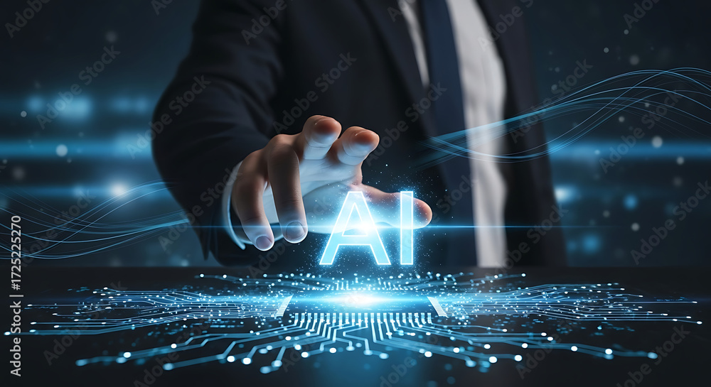 Poster businessman reaching towards a glowing ai text above an illuminated circuit board, visualizing artif
