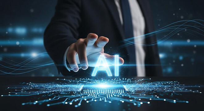 Businessman reaching towards a glowing ai text above an illuminated circuit board, visualizing artificial intelligence.
