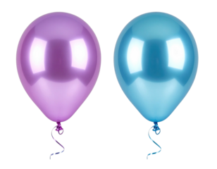 Two iridescent balloons, one mauve, one light blue, against a black background, showcasing a smooth, reflective surface.  A small, twisted tie attaches to each balloon