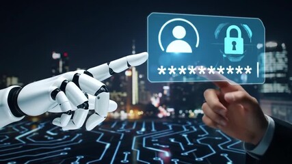 Human Robot Collaboration with Data Security Interface on Circuit Board in Night Cityscape A Technological Interaction Concept - Powered by Adobe