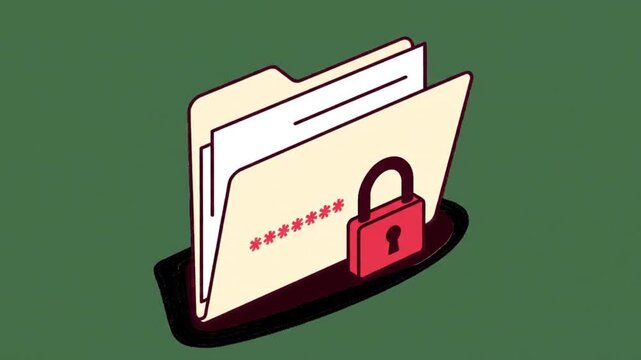 Isometric Folder with Red Padlock and Password on Green Background