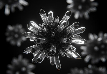 A cluster of spiky, crystalline structures radiating outwards from a central sphere, set against a dark, blurred background.