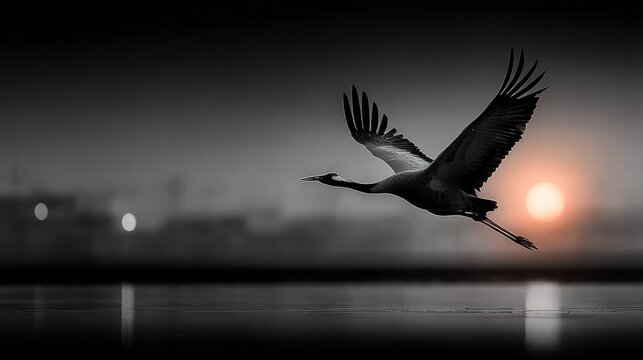 Crane soaring dusk cityscape