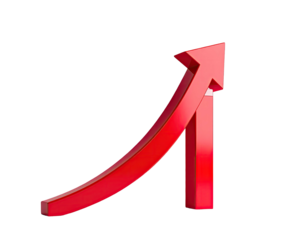 Bold red upward arrow, 3D graphic, curved base