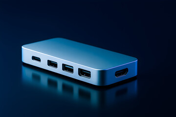 USB-C Multiport Hub มินิมอลสีเงินบนพื้นผิวมันวาว (Blue Ambient Light)