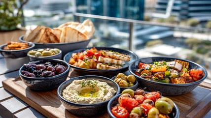 Fototapeta premium Delicious Mediterranean spread with hummus, halloumi, pita bread, and olives on a bright rooftop setting.