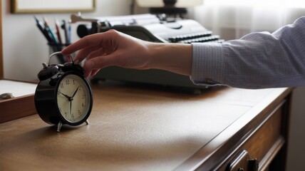Time's Embrace: A hand delicately adjusts the alarm clock set on a vintage desk beside a classic typewriter, inviting viewers into a nostalgic moment.