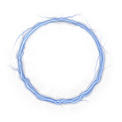 Blue energy lightning ring with glowing sparks isolated on transparent background. Futuristic plasma circle with thunder effect for sci-fi, abstract design, poster, or magical decoration element.