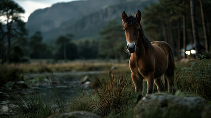 Foal Standing by a Calm River in a Dramatic Mountain Landscape at Dusk	