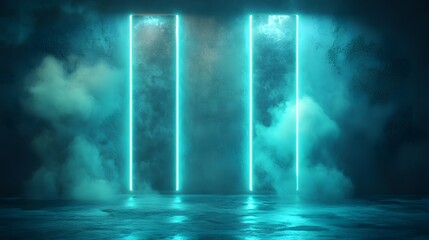 Obraz premium Intriguing turquoise neon lights illuminate a dramatic, misty room with textured walls.