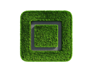 Square emblem framed by lush green grass. A smaller, dark gray square is nestled within the grassy border