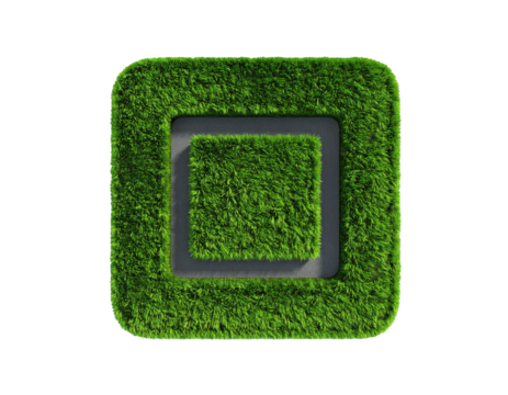 Square emblem framed by lush green grass. A smaller, dark gray square is nestled within the grassy border