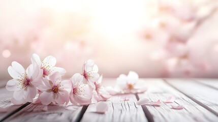 Delicate pink blossoms rest gently on a weathered white wooden surface, bathed in soft sunlight, evoking a serene springtime atmosphere.