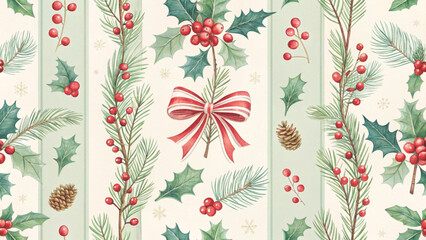 Seamless Christmas pattern, elegant red ribbon bows with holly leaves and clusters of red berries