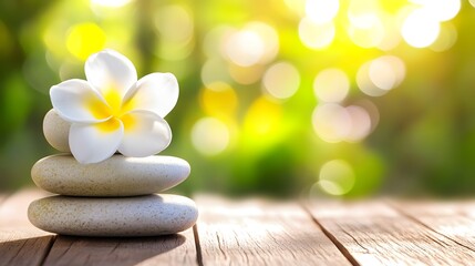 A serene scene of a delicate white flower resting atop stacked stones, bathed in soft sunlight filtering through a blurred green garden background.