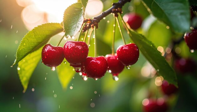 Ripe red cherries with water droplets hanging from a branch with green leaves soft bokeh background fruit
