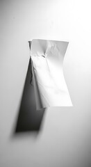A crumpled sheet of white paper hangs against a plain white background, casting a dramatic shadow.
