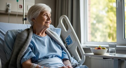 A senior woman sits in a hospital bed, gazing thoughtfully out the window, a serene expression on her face.  A light meal sits on a bedside table, highlighting the quiet moments of recovery.