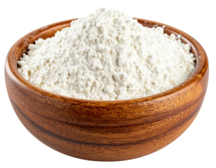 Fluffy white flour in a wooden bowl