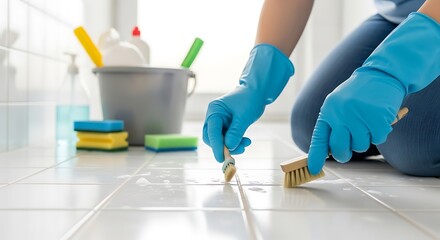 Hands in blue rubber gloves scrub a tiled bathroom floor with cleaning brushes.