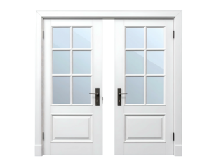 Pair of white wooden double doors with glass panes