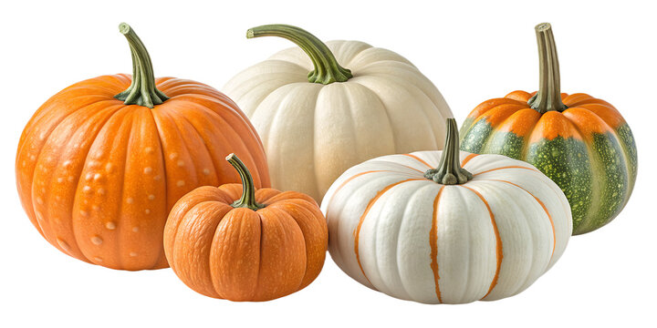 Realistic Decorative Pumpkins PNG Set &ndash; Isolated Autumn Halloween Harvest Elements on Transparent Background