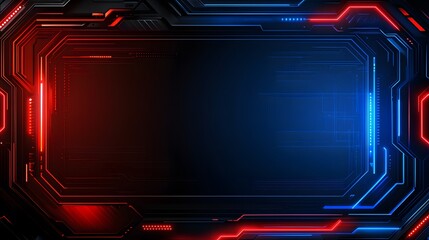 Intricate, glowing, dark lines and vibrant red and blue lights frame a futuristic, technological display.