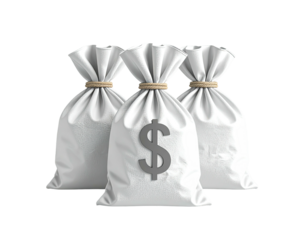 Three white money bags, tied with beige string, each displaying a gray dollar sign