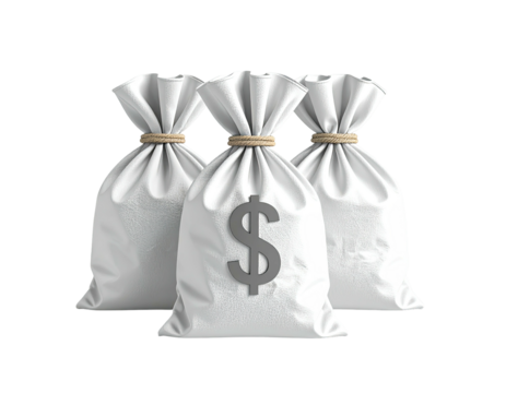 Three white money bags, tied with beige string, each displaying a gray dollar sign