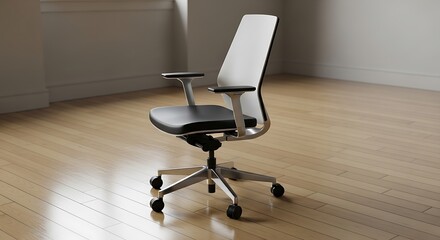 A modern, ergonomic office chair with a light gray back and black seat, positioned on a light hardwood floor in a minimalist room.