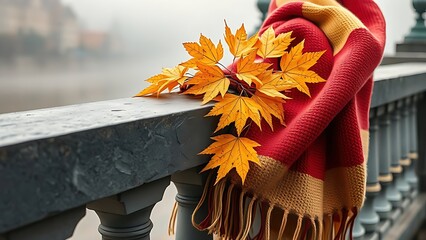 Woolen scarf in national colors draped over a stone bridge, autumn leaves caught in its folds.