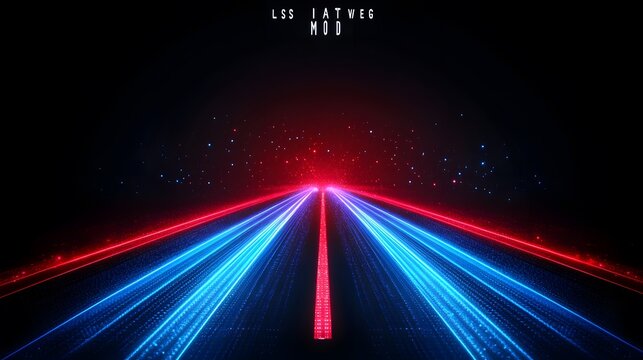 A dynamic, futuristic illustration portrays two paths of glowing light, red and blue, radiating outward from a central point, set against a dark backdrop.