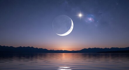 A serene celestial scene showcasing a crescent moon and a bright star above a calm lake and silhouetted mountains at sunrise or sunset.