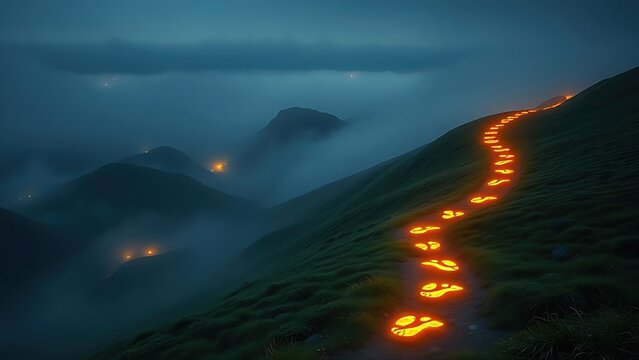 Glowing footprints ascending misty mountains, representing the challenging path of personal health journeys.