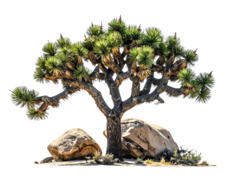 Desert tree with rocks. Lush green, spiky treetop sits atop a gnarled trunk. Two large rocks rest at the base
