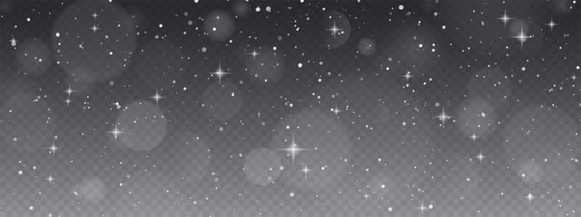 Realistic snow fallen on dark transparent background. Abstract dust particles, white confetti winter png bg. Christmas wallpaper poster elements, flyer, new year card, realistic vector snow powder.