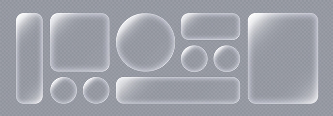 Liquid glass button interface, light frame banner set, glass panel set for mobile and web app, tech board frame in futuristic style. Light png banner collection with glow effect, vector illustration.
