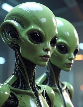 Two identical pale green humanoid alien robots