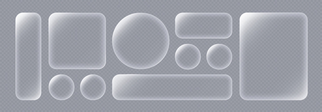 Liquid glass button interface, light frame banner set, glass panel set for mobile and web app, tech board frame in futuristic style. Light png banner collection with glow effect, vector illustration.