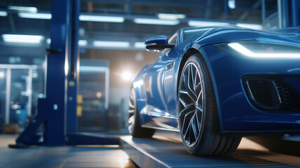 A mechanic balances tires in a garage with machines spinning weights clipping a digital display flashing and a car waiting on a lift captured in a precise photo with rotor mot