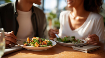 A couple their hands brushing shares a meal at a wooden table its grain worn. Ceramic plates their edges chipped hold steaming food and metal forks their tines bent rest