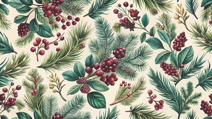Seamless Christmas pattern, watercolor vintage style, red winter berries and pine branches with soft beige