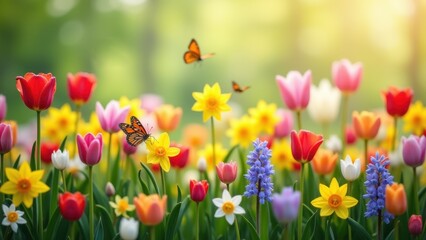 Fototapeta premium Butterflies fluttering above colorful flowers, monarch butterflies soaring over vibrant tulips daffodils and hyacinths in a lush spring meadow