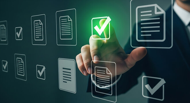 Hand selecting a green check mark icon over a series of document icons representing selection and approval, compliance and digital process automation.