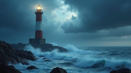A dramatic coastal scene featuring a towering lighthouse standing resilient against crashing waves during a storm, symbolizing guidance and hope for seafarers navigating the rough waters.  
