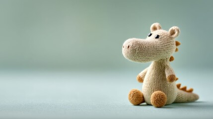 Knitted crocodile toy with cute details sitting on light surface against soft green background